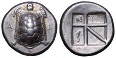 Islands off Attica, Aegina AR Stater. Islands off Attica, Aegina AR Stater. Circa 350-338 BC. Tortoise with segmented shell; A-I flanking / Large incuse square with thin skew pattern; N I in upper qua