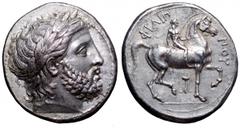 Kingdom of Macedon. Philip II AR Tetradrachm. Kingdom of Macedon. Philip II AR Tetradrachm. Lifetime issue. Pella, circa 342-336 BC. Laureate head of Zeus right / Youth on horseback right, holding rei