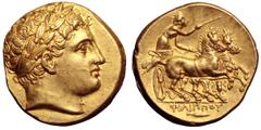 Kingdom of Macedon. Philip III Arrhidaios AV Stater. Kingdom of Macedon. Philip III Arrhidaios AV Stater. Magnesia, circa 323-319 BC. In the types of Philip II. Laureate head of Apollo right / Chariot
