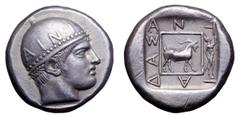 Thrace, Ainos AR Tetradrachm. Thrace, Ainos AR Tetradrachm. Antiadas, magistrate. Circa 453-450 BC. Head of Hermes right, wearing petasos on which AINI / Goat walking right within linear frame, outsid