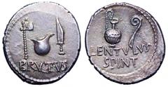 M. Junius Brutus and P. Cornelius Lentulus Spinther AR Denarius. M. Junius Brutus and P. Cornelius Lentulus Spinther AR Denarius. Smyrna, 43-42 BC. Sacrificial axe, simpulum and sacrificial dagger, BR
