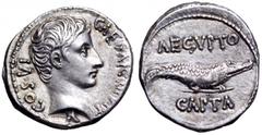 Augustus AR Denarius. Augustus AR Denarius. Uncertain mint, 28 BC. CAESAR DIVI F COS VI, bare head right / AEGYPTO CAPTA in two lines, crocodile to right below. RIC 545; BMC 653. 3.79g, 19mm, 9h. Good