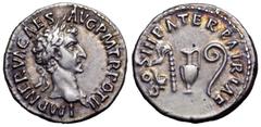 Nerva AR Denarius. Nerva AR Denarius. Rome, AD 97. IMP NERVA CAES AVG P M TR POT II, laureate head right / COS III PATER PATRIAE, simpulum, sprinkler, ewer, and lituus. RIC 34. 3.28g, 18mm, 6h. Good V