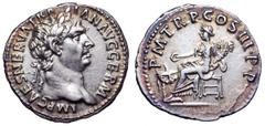 Trajan AR Denarius. Trajan AR Denarius. Rome, AD 100. IMP CAES NERVA TRAIAN AVG GERM, laureate head right / P M TR P COS III P P, Concordia seated left, holding double cornucopiae and sacrificing from