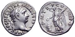 Trajan AR Denarius. Trajan AR Denarius. Rome, AD 101-102. IMP CAES NERVA TRAIAN AVG GERM, laureate bust right / P M TR P COS IIII P P, Victory, draped, standing left, holding palm and sacrificing with