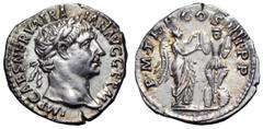 Trajan AR Denarius. Trajan AR Denarius. Rome, AD 101-102. IMP CAES NERVA TRAIAN AVG GERM P M, laureate head right / P M TR P COS IIII P P, Victory, draped, standing right, setting a shield on a trophy