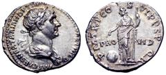 Trajan AR Denarius. Trajan AR Denarius. Rome, AD 114-117. IMP CAES NER TRAIAN OPTIM AVG GER DAC PARTHICO, laureate and draped bust right / P M TR P COS VI P P SPQR, Providentia standing left, holding 