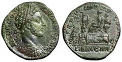 Commodus Æ Sestertius. Commodus Æ Sestertius. Rome, AD 181-2. M COMMODVS ANTONINVS AVG, laureate and cuirassed bust right / TR P VI IMP IIII COS III, emperor seated left on platform, attended by offic