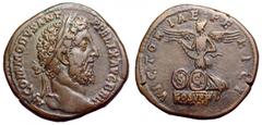 Commodus Æ Sestertius. Commodus Æ Sestertius. Rome, AD 186-9. M COMMODVS ANT P FELIX AVG BRIT, laureate head right / VICTORIAE FELICI, Victory flying left, holding wreath in both hands, two shields at