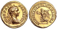 Caracalla AV Aureus. Caracalla AV Aureus. Rome, AD 204. ANTON P AVG PON TR P VII, laureate, draped and cuirassed bust right / VICTORIA PARTHICA MAXIMA, Victory advancing left, holding wreath and palm.