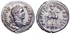 Caracalla AR Denarius. Caracalla AR Denarius. Rome, AD 208. ANTONINVS PIVS AVG, laureate head right / PONTIF TR P XI COS III, Caracalla on horseback right, holding spear, PROF in exergue. RIC 107; RSC