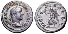 Gordian II AR Denarius. Gordian II AR Denarius. Rome, AD 238. IMP M ANT GORDIANVS AFR AVG, laureate, draped and cuirassed bust right / VICTORIA AVGG, Victory advancing left, holding wreath and palm. R