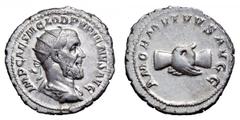 Pupienus AR Antoninianus. Pupienus AR Antoninianus. Rome, AD 238. IMP CAES M CLOD PVPIENVS AVG, radiate, draped and cuirassed bust right / AMOR MVTVVS AVGG, clasped hands. RIC 9b; RSC 1; BMC 77. 4.85g