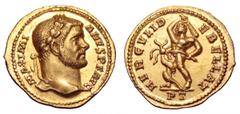 Maximianus AV Aureus. Maximianus AV Aureus. Treveri, AD 293-4. MAXIMIANVS P F AVG, laureate head right / HERCVLI DEBELLAT, Hercules standing left, with Hydra coiled around his right leg, fighting it w
