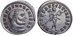 Severus II Æ Follis. Severus II Æ Follis. Ticinum, AD 306. SEVERVS NOB CAESAR, laureate head right / VIRTVS AVGG ET CAESS NN, Mars, helmeted, advancing right, holding a transverse spear in right hand 