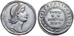 Constantius II AR Siliqua. Constantius II AR Siliqua. Constantinopolis, AD 343. Pearl-diademed head right / FELICI REIPVBLICAE around wreath within which VOTIS XX MVLTIS XXX, C•A in exergue. RIC -. 3.