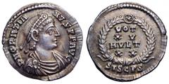 Gratian AR Siliqua. Gratian AR Siliqua. Siscia, AD 375-378. D N GRATIANVS P F AVG, pearl-diademed, draped and cuirassed bust right / VOT XV MVLT XX in wreath, SISCPS in exergue. RIC 19b; C. 72. 2.21g,