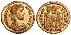 Gratian AV Solidus. Gratian AV Solidus. Trier, AD 375-378. D N GRATIANVS P F AVG, pearl-diademed and draped bust right / VICTORIA AVGG, two emperors seated facing, jointly holding globe; Victory above