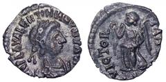 Valentinian III AR Half-Siliqua. Valentinian III AR Half-Siliqua. Rome, AD 425-55. D N PLA VALENTINIANVS PF AVG, pearl-diademed, draped and cuirassed bust right / VICTORIA AVGG, Victory advancing left