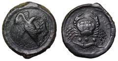 Sicily, Akragas Æ Tetras. Circa 450-406 BC. Eagle r., head lowered, holding hare in its talons / Crab; below, ••• and shrimp r. Westermark, Fifth 4; CNS 50; SNG ANS 1040. 10.26g, 25mm, 3h. Good Very F