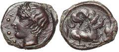Sicily, Piakos Æ Tetras. Circa 425-405 BC. Laureate head of river-god r.; Π-I-A-K and three pellets before / Hound attacking fawn r.; acorn and leaf at sides. CNS III 2; Jenkins, Coinages, pl. 7, 2b. 