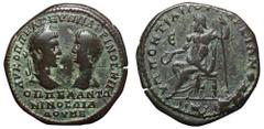Macrinus and Diadumenian Æ28 of Marcianopolis, Moesia Inferior. AD 217-218. Confronted busts of Macrinus, laureate, and Diadumenian, bare-headed / Zeus seated l., holding patera and sceptre. Varbanov 