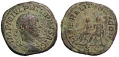 Philip II Æ Sestertius. Rome, AD 248-249. Laureate, draped and cuirassed bust right / Philip II and Philip I seated left on curule chairs, extending hands; Philip I also holding sword. RIC 267a. 25.60
