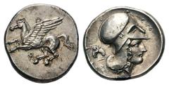 Corinthia, Corinth AR Stater. Corinthia, Corinth AR Stater. Circa 405-345 BC. Pegasos flying left / Helmeted head of Athena right; double-bodied owl behind, ΕLT before. Pegasi 157/1; Ravel 602. 8.58g,
