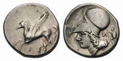 Corinthia, Corinth AR Stater. Corinthia, Corinth AR Stater. Circa 375-300 BC. Pegasos flying left / Helmeted head of Athena left; N and Ares standing right, holding shield and spear behind. Ravel 1056