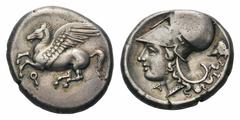 Corinthia, Corinth AR Stater. Corinthia, Corinth AR Stater. 350-306 BC. Pegasos flying to left / Helmeted of Athena to left, wearing Corinthian helmet, Thessalian helmet behind, A before. Calciati Peg