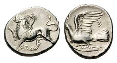 Sikyonia, Sikyon AR Hemidrachm.Sikyonia, Sikyon AR Hemidrachm. Circa 330-280 BC. Chimaera standing left, raising forepaw; ΣΕ below / Dove flying left; Σ (retrograde) above tail. BCD Peloponnesos 289 v