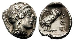 Attica, Athens AR Tetradrachm.Attica, Athens AR Tetradrachm. Circa 454-404 BC. Helmeted head of Athena right / Owl standing right, head facing; olive sprig and crescent behind; all within incuse squar