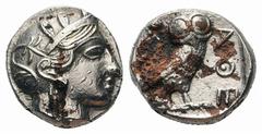 Attica, Athens AR Fourrée Tetradrachm.Attica, Athens AR Fourrée Tetradrachm. Circa 406-405 BC. Helmeted head of Athena right / Owl standing right, head facing; olive sprig and crescent behind. Starr p