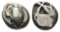 Island off Attica, Aegina AR Stater.Island off Attica, Aegina AR Stater. Circa 525-500 BC. Sea turtle / Incuse square punch partitioned by three lines. Milbank pl. I, 13. 11.98g, 18mm. Very Fine. Obve