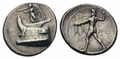 Kingdom of Macedon. Demetrios Poliorketes AR Tetradrachm.Kingdom of Macedon. Demetrios Poliorketes AR Tetradrachm. Salamis, circa 300-295 BC. Winged Nike with trumpet and stylus standing on prow left 