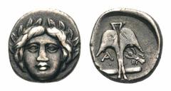 Thrace, Apollonia Pontica AR Diobol.Thrace, Apollonia Pontica AR Diobol. Mid-late 4th century BC. Facing Gorgoneion / Anchor; crayfish and A under each fluke. BMC Black Sea 167; SNG Copenhagen 459. 1.