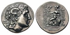 Kingdom of Thrace. Lysimachos AR Tetradrachm.Kingdom of Thrace. Lysimachos AR Tetradrachm. Lampsakos, after 280 BC. Diademed head of the deified Alexander with horn of Ammon right / Athena enthroned l