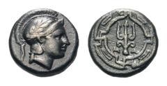 Ionia, Magnesia ad Maeandrum AR Obol.Ionia, Magnesia ad Maeandrum AR Obol. Circa 400-350 BC. Helmeted head of Athena right / M-A flanking trident; all within circular maeander pattern. SNG Copenhagen 