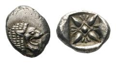 Ionia, Miletos AR Obol.Ionia, Miletos AR Obol. Late 6th-early 5th century BC. Forepart of lion left, head reverted / Stellate pattern in incuse square. SNG Kayhan 462-75; SNG Copenhagen 952-953. 1.13g