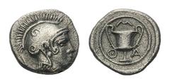 Lesbos, Methymna AR Hemiobol.Lesbos, Methymna AR Hemiobol. Circa 450-379 BC. Helmeted head of Athena right / Kantharos; M-A-T counter-clockwise around. Franke, Münzprägung 18 var. (hemiobol); SNG Cope