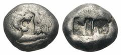 Kings of Lydia, Kroisos AR Stater.Kings of Lydia, Kroisos AR Stater. Sardes, circa 560-546 BC. Confronted foreparts of lion right and bull left / Two square punches of unequal size. Berk 20; SNG Kayha
