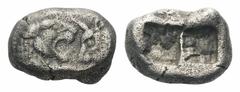 Kings of Lydia, Kroisos AR 1/2 Stater.Kings of Lydia, Kroisos AR 1/2 Stater. Sardes, circa 550-546 BC. Confronted foreparts of lion and bull / Incuse punch. Berk 23; SNG Kayhan 1024-6. 5.07g, 15mm. Ve