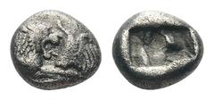 Kings of Lydia, Kroisos AR 1/6 Stater.Kings of Lydia, Kroisos AR 1/6 Stater. Sardes, circa 550-546 BC. Confronted foreparts of lion and bull / Incuse punch. Berk 25; SNG Kayhan 1019. 1.68g, 10mm. Very