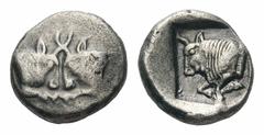 Karia, Uncertain mint AR Diobol.Karia, Uncertain mint AR Diobol. Circa 5th Century BC. Confronted foreparts of two bulls / Forepart of a bull left, in incuse square. SNG Copenhagen -; SNG von Aulock -