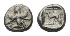 Karia, Kaunos AR Obol.Karia, Kaunos AR Obol. Circa 490-470 BC. Goddess Iris advancing right / Griffin advancing left within incuse square with pelleted border. FS Price -; 0.74g, 7mm, 4h. Very Fine.