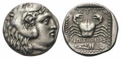 Islands off Karia, Kos AR Tetradrachm.Islands off Karia, Kos AR Tetradrachm. Circa 285-258 BC. Head of Herakles to right, wearing lion's skin headdress / ΚΩΙΟΝ ΓΝΩΣΙΔΙΚΟΣ, Crab with bow-case below; al