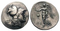 Pamphylia, Side AR Tetradrachm.Pamphylia, Side AR Tetradrachm. Circa 2nd-1st Century BC. Athena wearing Corinthian helmet right / Nike advancing left, holding wreath above pomegranate, ΣΙ below. SNG B