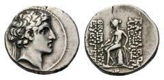 Seleukid Kings of Syria. Alexander I Balas AR Drachm.Seleukid Kings of Syria. Alexander I Balas AR Drachm. Antioch, circa 151-149 BC. Diademed head right / Apollo seated left on omphalos, monogram in 