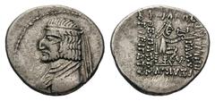 Kingdom of Parthia, Arsakes XVI AR Drachm.Kingdom of Parthia, Arsakes XVI AR Drachm. Margiane, circa 78-61 BC. Diademed bust left / Archer (Arsakes I.) seated right on throne, holding bow. Sellwood 30