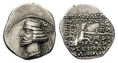 Kingdom of Parthia, Mithradates IV AR Drachm.Kingdom of Parthia, Mithradates IV AR Drachm. Mithradatkart, circa 58-53 BC. Diademed and draped bust left / Archer (Arsakes I.) seated right on throne, ho